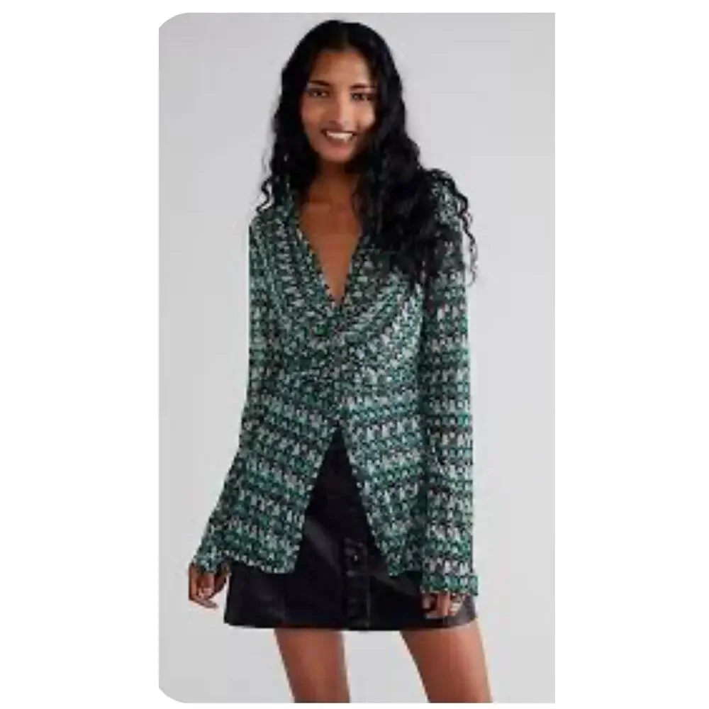 Free People | Lucky Shirtee Button Up Blouse Green Mesh Abstract Retro Groovy Sm